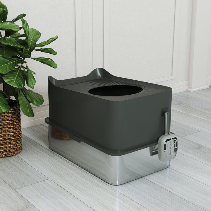 Stainless Steel Cat Litter Tray, Extra Large Enclosed Litter Box with Scoop, Top Entrance, Non-slip Pads, Dark Grey
