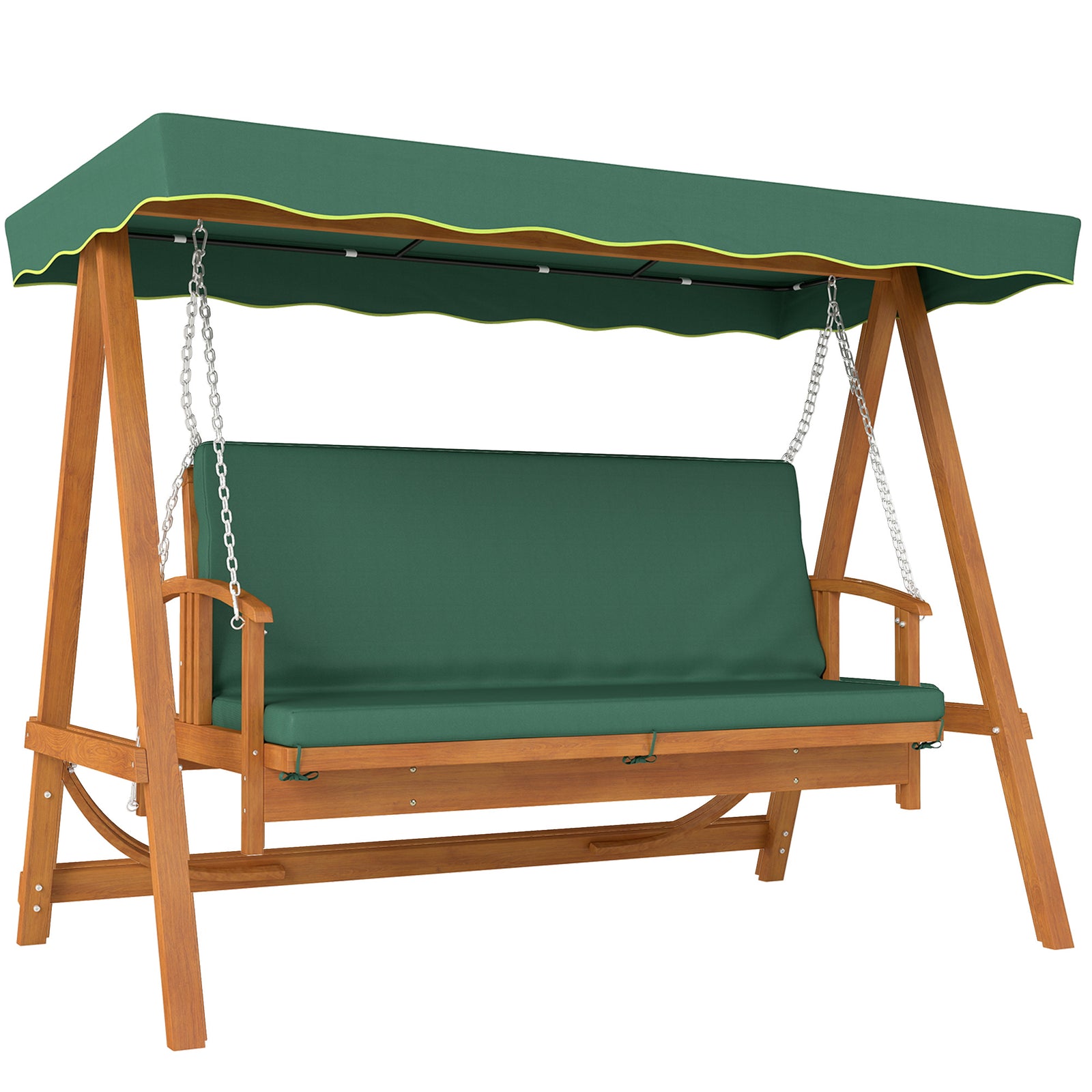 3 Seater 2-in-1 Wooden Garden Swing Seat Swing Chair Outdoor Convertible Hammock Bench Furniture Lounger Bed Wood, Dark Green