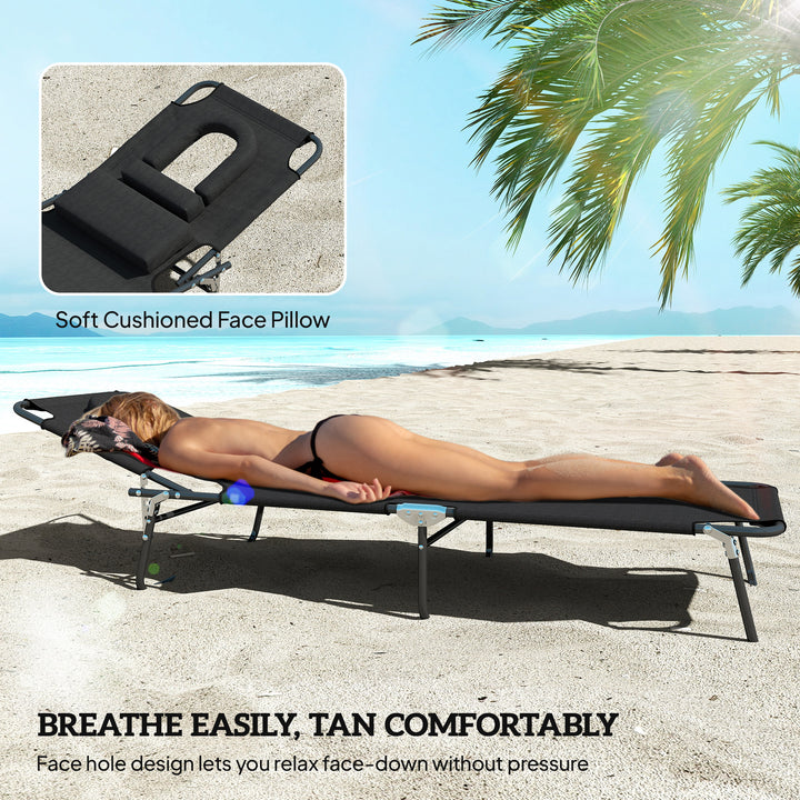 Outdoor Folding Sun Lounger Set of 2 with Face Hole, 4 Level Adjustable Backrest Reclining Garden Lounger, Garden Recliner Sunbed with 600 D Oxford Cloth Seat and Pillow for Beach, Black