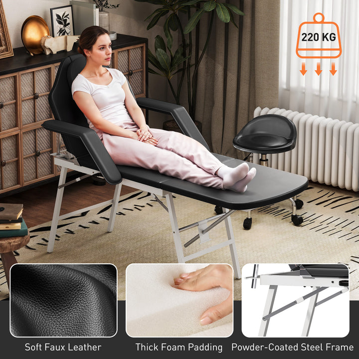 Portable Massage Table, 3 Section Adjustable Beauty Bed, Foldable Massage Bed with Face Hole, Recliner Chair with Removable Headrest and Armrests for Spa, Lash, Tattoo, Black