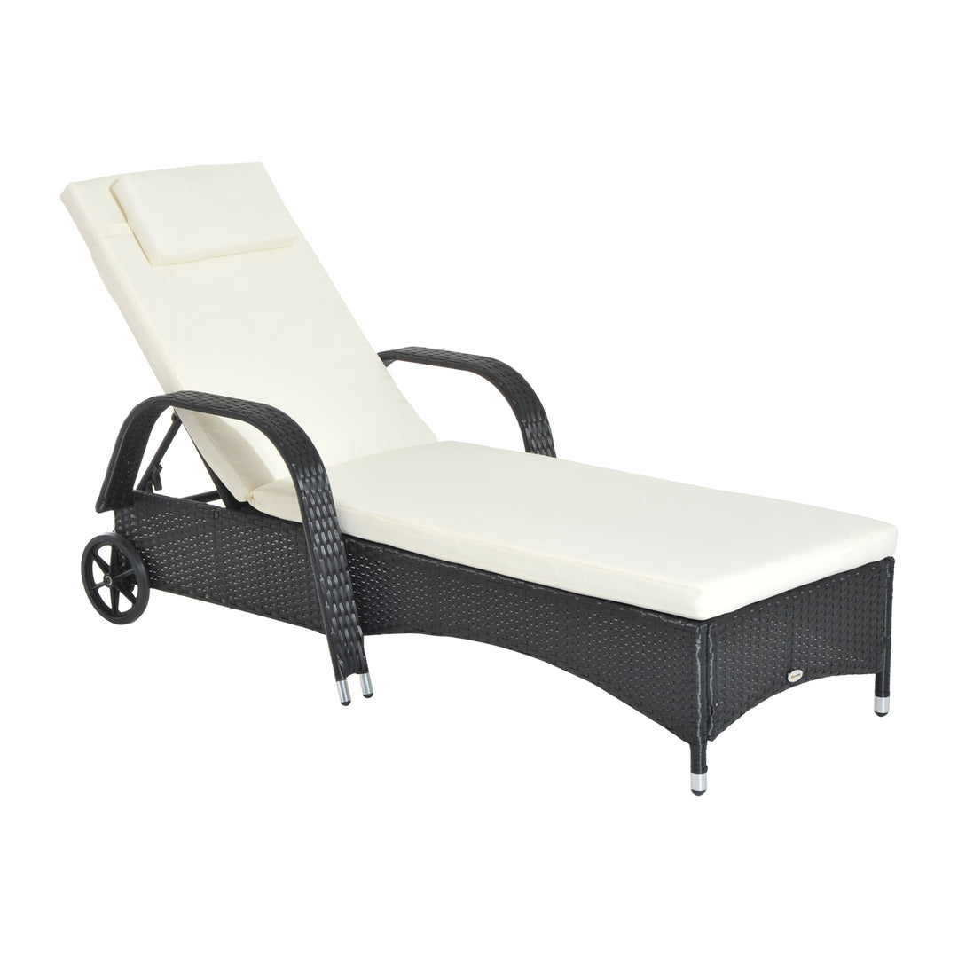 Rattan Sun Lounger, Garden Lounger Recliner with Wheels and Adjustable Backrest, Outdoor Reclining Sunbed Garden Chair with Cushion and Headrest for Patio, Beach, Terrace, Black