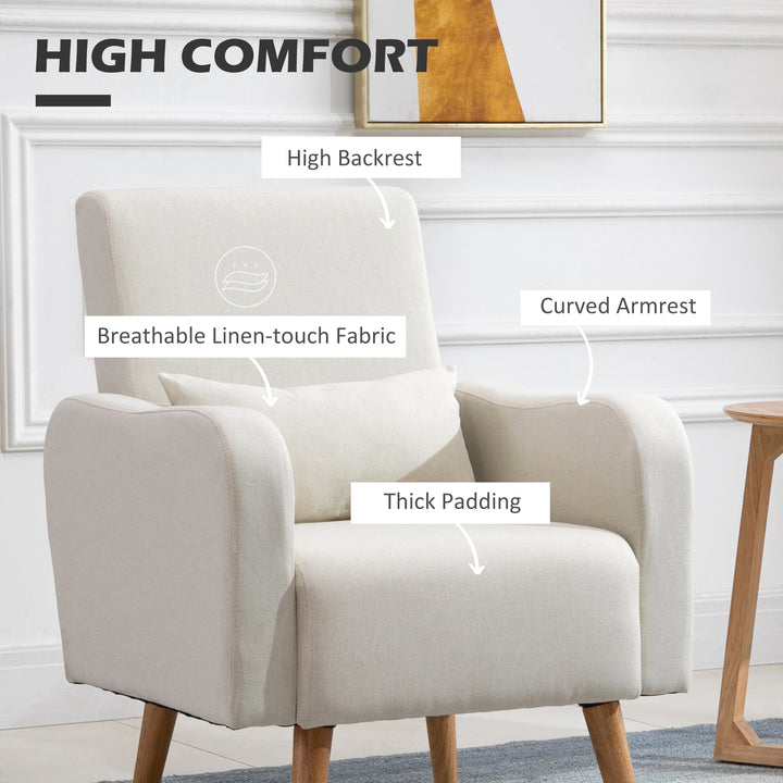 Accent Chair, Linen-Touch Armchair with Pillow, Upholstered Leisure Lounge Sofa for Living Room, Club Chair with Rubber Wooden Frame, Cream