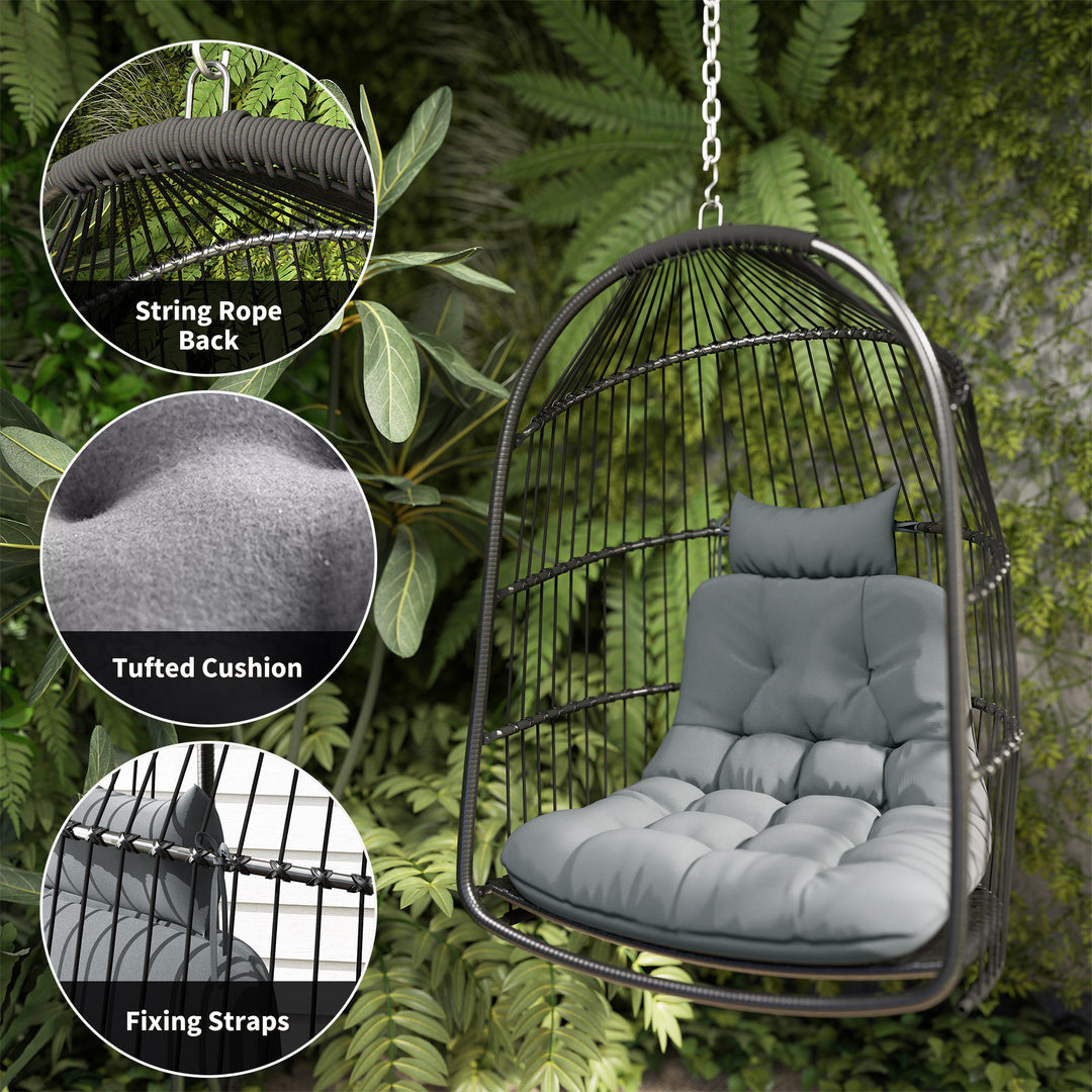 Hanging Egg Chair, Foldable Rattan Garden Swing Chair with Installation Kit, Thickened Cushion and Headrest, Indoor Outdoor Hanging Egg Basket Seat for Patio, Porch, Dark Grey