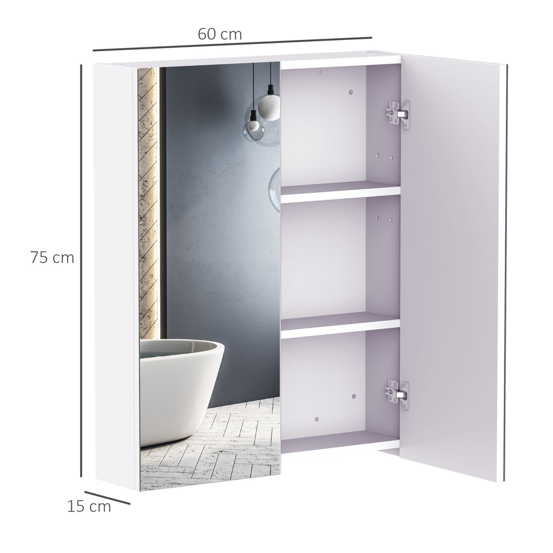 Mirror Cabinet, Wall Mount Bathroom Storage Cabinet with Adjustable Shelf, Double Door Cupboard, 60 x 15 x 75 cm, White