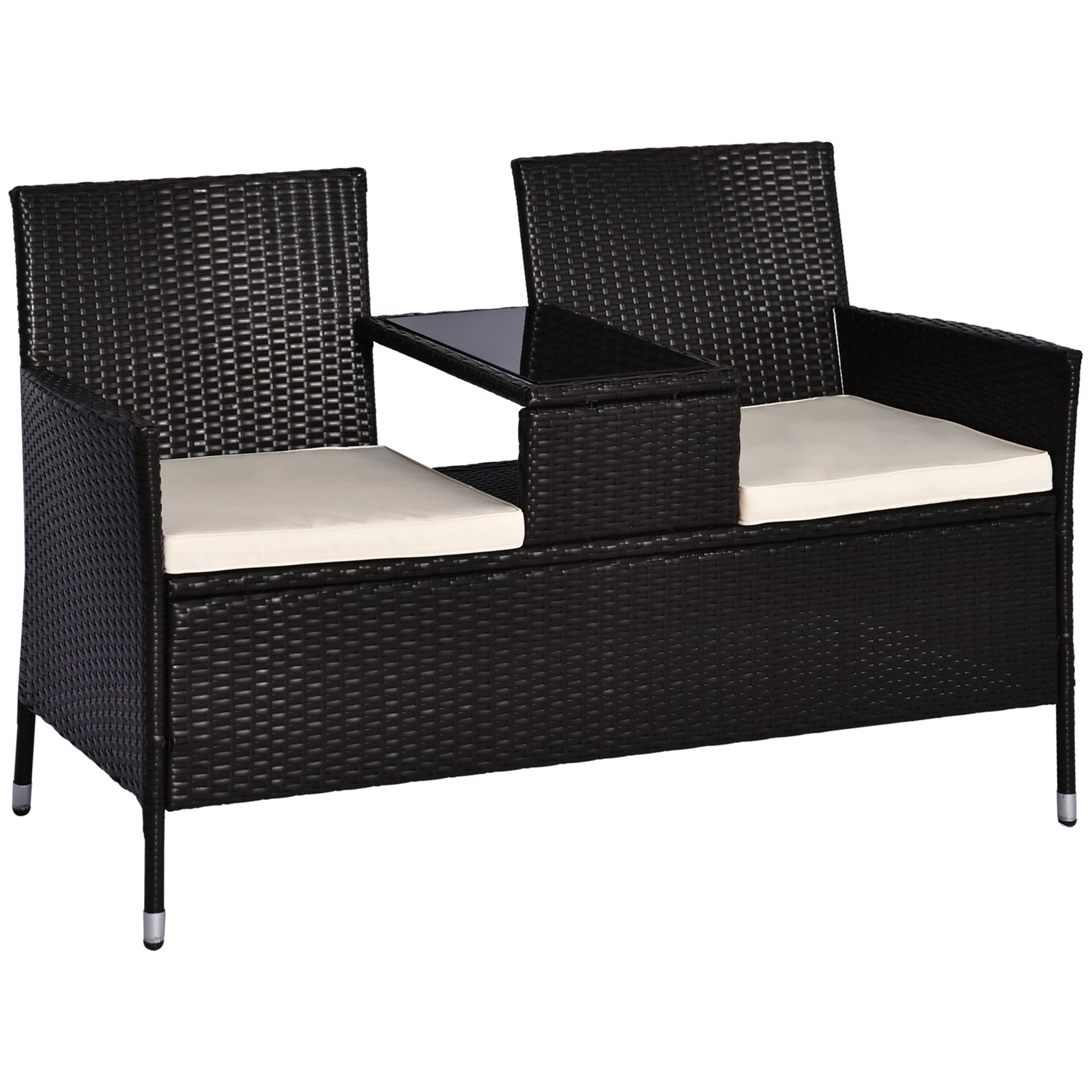 2 Seater Rattan Campanion Chair Wicker Loveseat Outdoor Patio Armchair with Drink Table Garden Furniture - Dark Brown