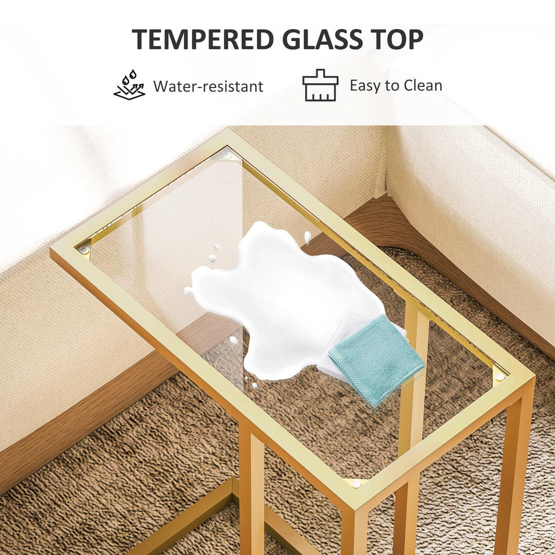 C-Shaped Side Table, Modern Slim End Table with Tempered Glass Tabletop, Steel Frame for Small Space, Living Room, Bedroom, Gold Tone