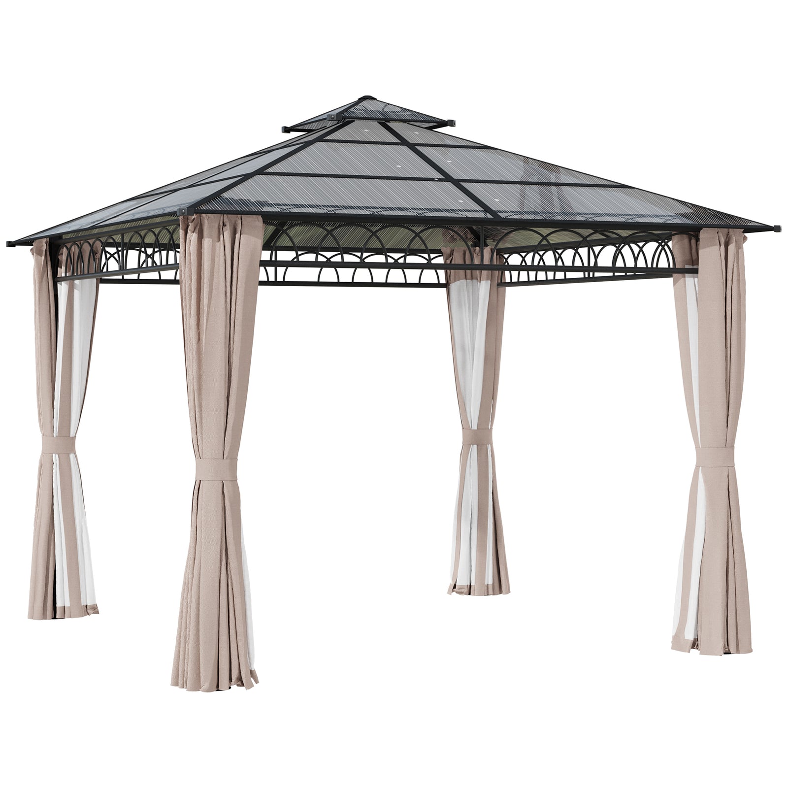3 x 3 (m) Outdoor Polycarbonate Gazebo, Double Roof Hard Top Gazebo with Galvanised Steel Frame, Nettings & Curtains for Garden, Lawn, Patio and Deck, Khaki