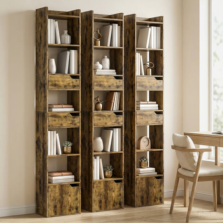 Bookcase Tall Narrow with 5 Tiers and Drawers Freestanding Bookshelf S