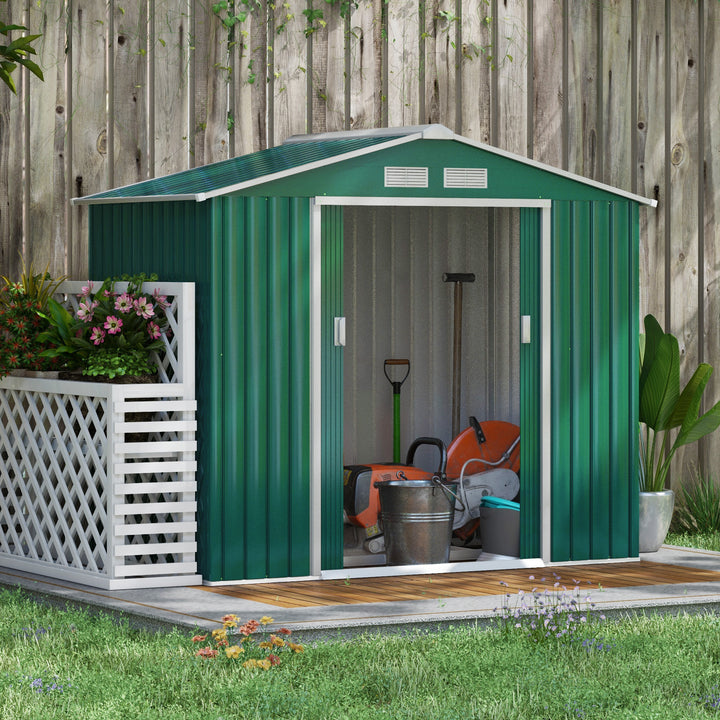 Outsunny 7ft x 4ft Lockable Garden Shed Large Patio Roofed Tool Metal Storage Building Foundation Sheds Box Outdoor Furniture, Green | Aosom UK