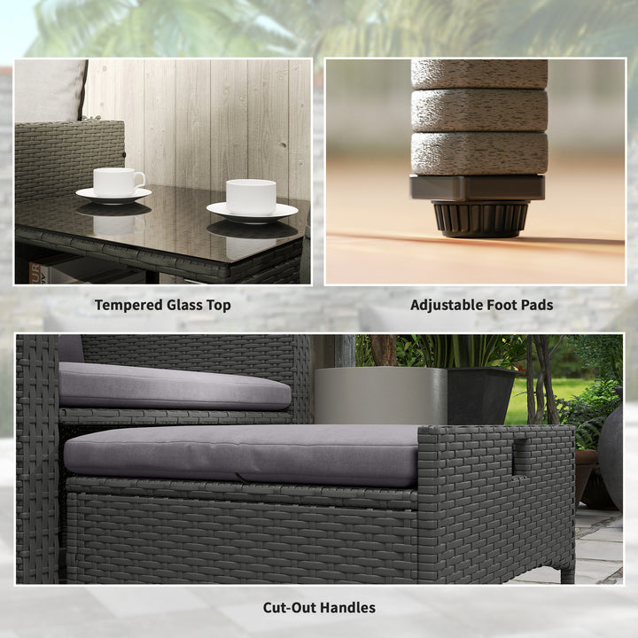Five Piece Rattan Garden Furniture Set with 2-Tier Coffee Table and Ottomans - Grey