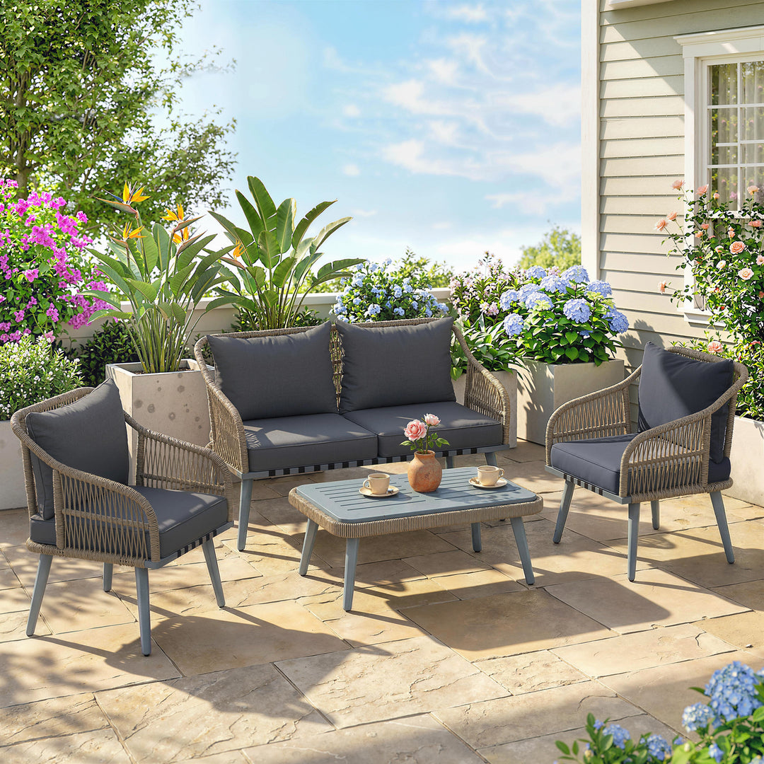 4 Piece Rattan Garden Furniture Set with Loveseat, Wicker Patio Conver