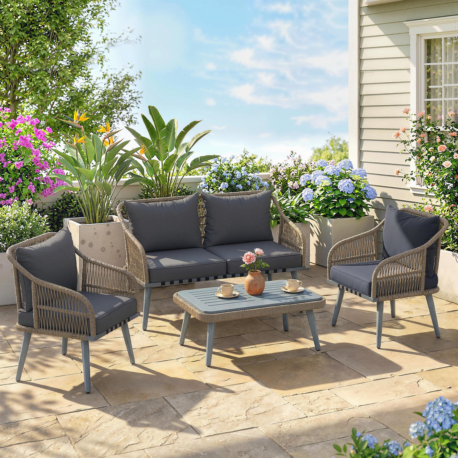 4 Piece Rattan Garden Furniture Set with Loveseat, Wicker Patio Conver