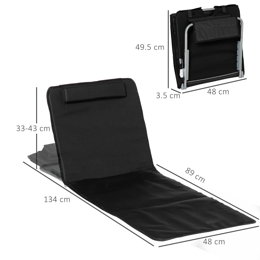 Set of 2 Foldable Garden Beach Chair Mat Lightweight Outdoor Sun Lounger Seats Adjustable Back Metal Frame PE Fabric Head Pillow w/ Carry Bag, Black