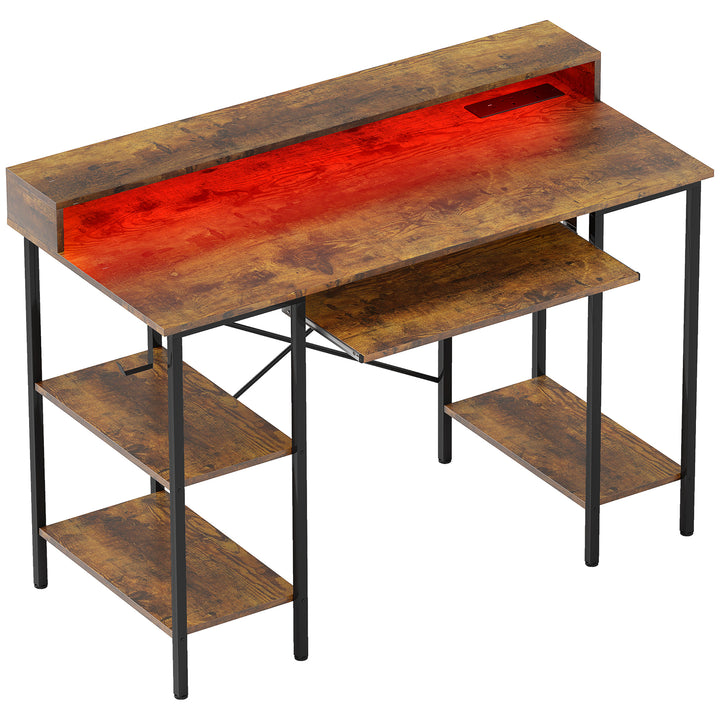 Computer Desk with LED Lights and Power Outlets, 120 x 55 cm Gaming Desk with Monitor Stand, Sliding Keyboard Tray and Storage Shelves for Home Office, Rustic Brown