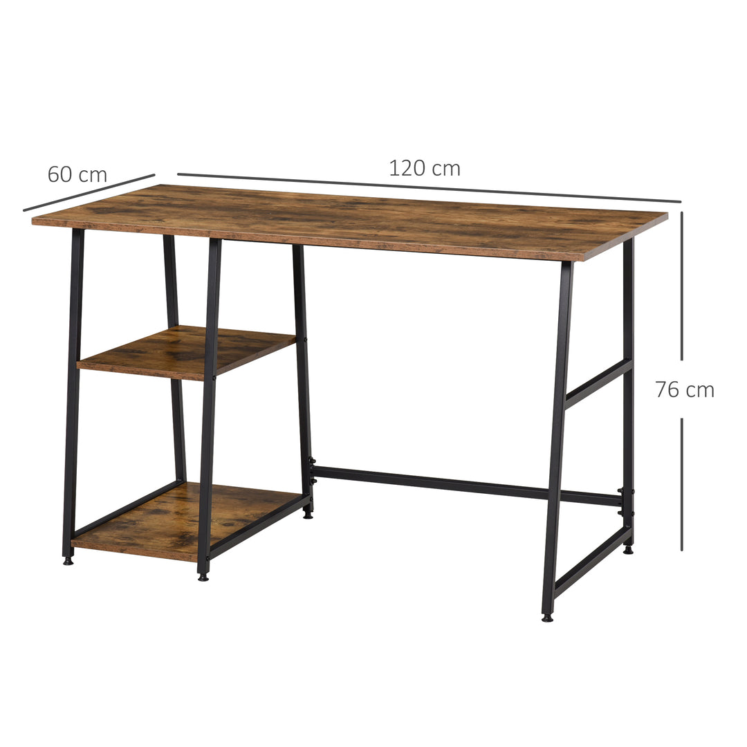 120cm Computer Desk with Storage, Industrial Home Office Desk with 2 Tier Shelves and Steel Frame, Computer Table for Study Room, Rustic Brown
