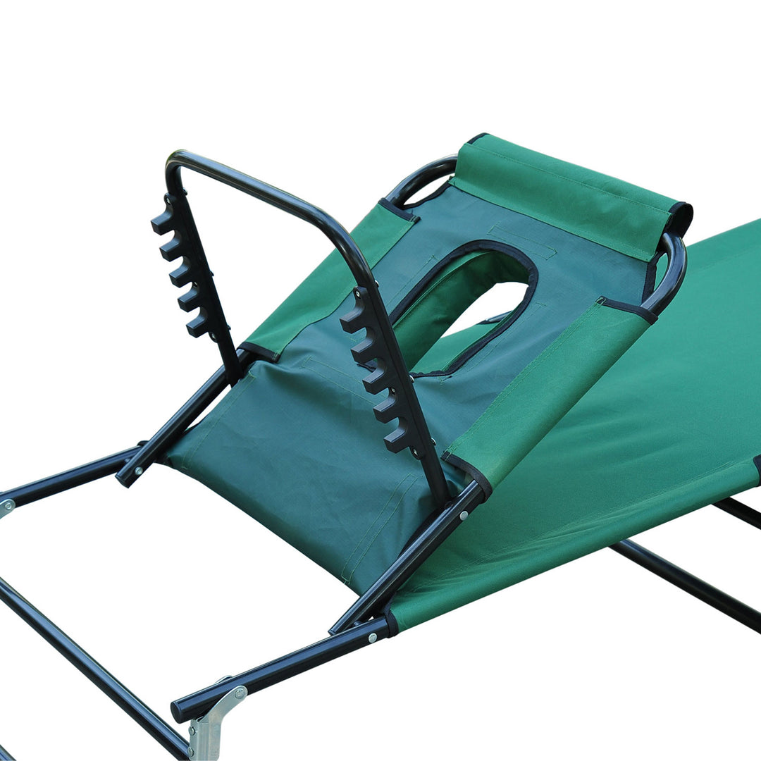 Foldable Outdoor Sun Lounger Adjustable Backrest Reclining Chair with Pillow and Reading Hole Garden Beach, Dark Green