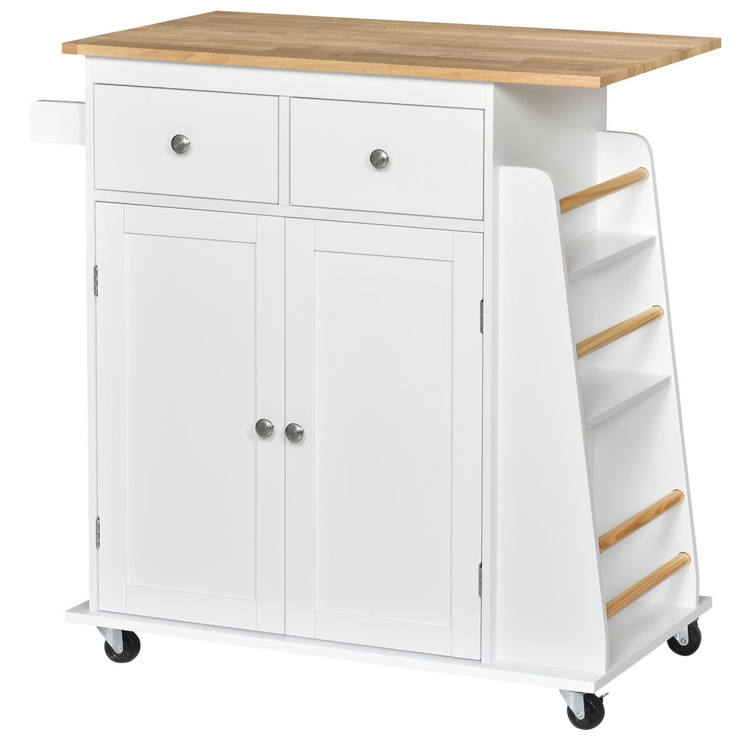 MCL Kitchen Island on Wheels, Mobile Storage Trolley, Rolling Kitchen Cart with Rubber Wood Top, 2-Door Cabinets, 2 Drawers, Adjustable Shelf, 3-Tier Spice Rack, Drawers