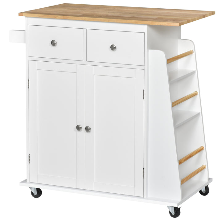 MCL Kitchen Island on Wheels, Mobile Storage Trolley, Rolling Kitchen Cart with Rubber Wood Top, 2-Door Cabinets, 2 Drawers, Adjustable Shelf, 3-Tier Spice Rack, Drawers