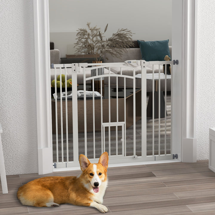 PawHut Stair Dog Gate with Cat Door, Pressure Fit, Auto Close, Double Lock, 74