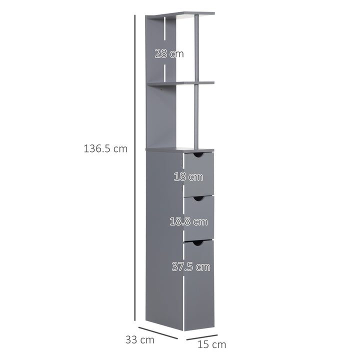 HOMCOM Tall Bathroom Cabinet, Freestanding Bathroom Storage Cabinet with 2-Tier Shelf and Drawers, Narrow Cupboard Storage Unit, Grey | Aosom UK