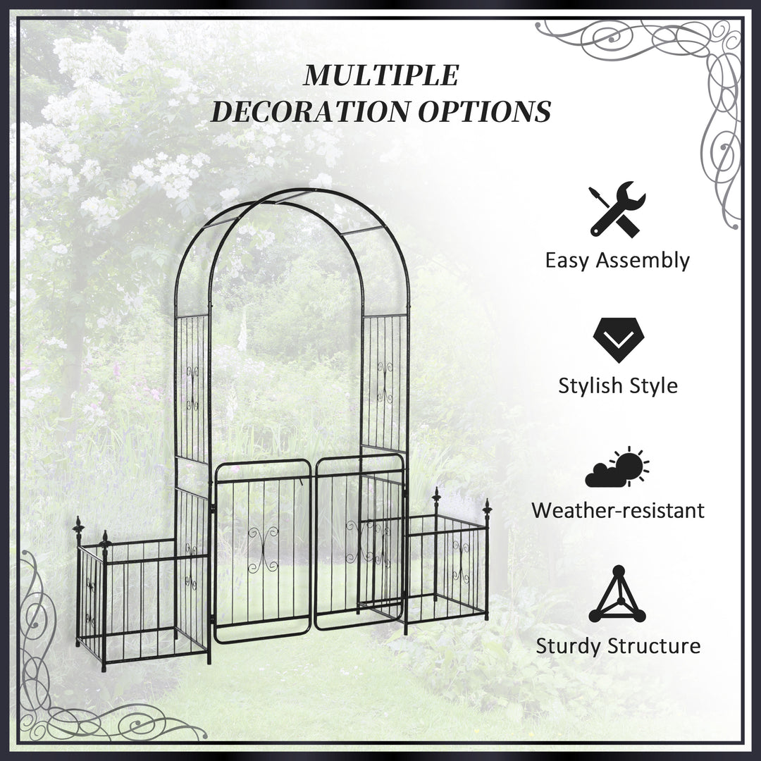 MCL Metal Garden Arbor Arch with Double Doors, 2 Side Planter Baskets, Climbing Vine Frame, Black