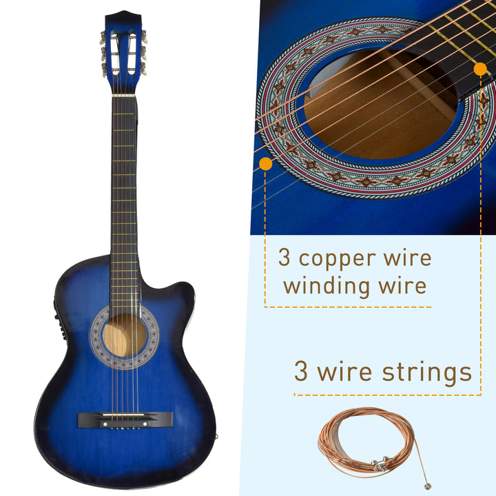 38 Inch Full Size Blue Classical Acoustic Electric Guitar Kids Guitar and Junior Guitar Premium Gloss Finish w/Case - Blue