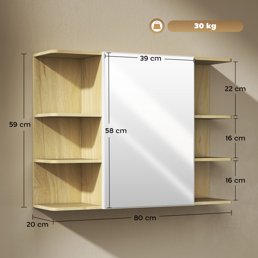 Bathroom Mirror Cabinet with Open Storage Shelves - Natural Wood Finish