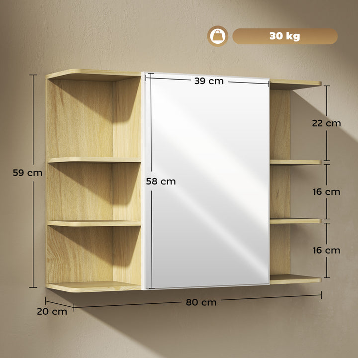 Bathroom Mirror Cabinet with Open Storage Shelves - Natural Wood Finish