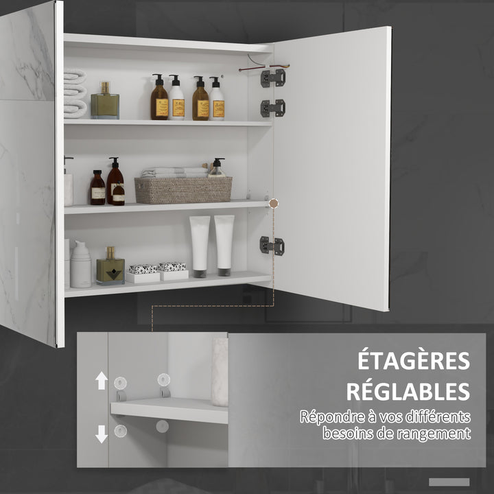 Bathroom Mirror Cabinet with Light, Bathroom Storage Cupboard with Adjustable Shelf, USB Powered, 90x15x70cm, White