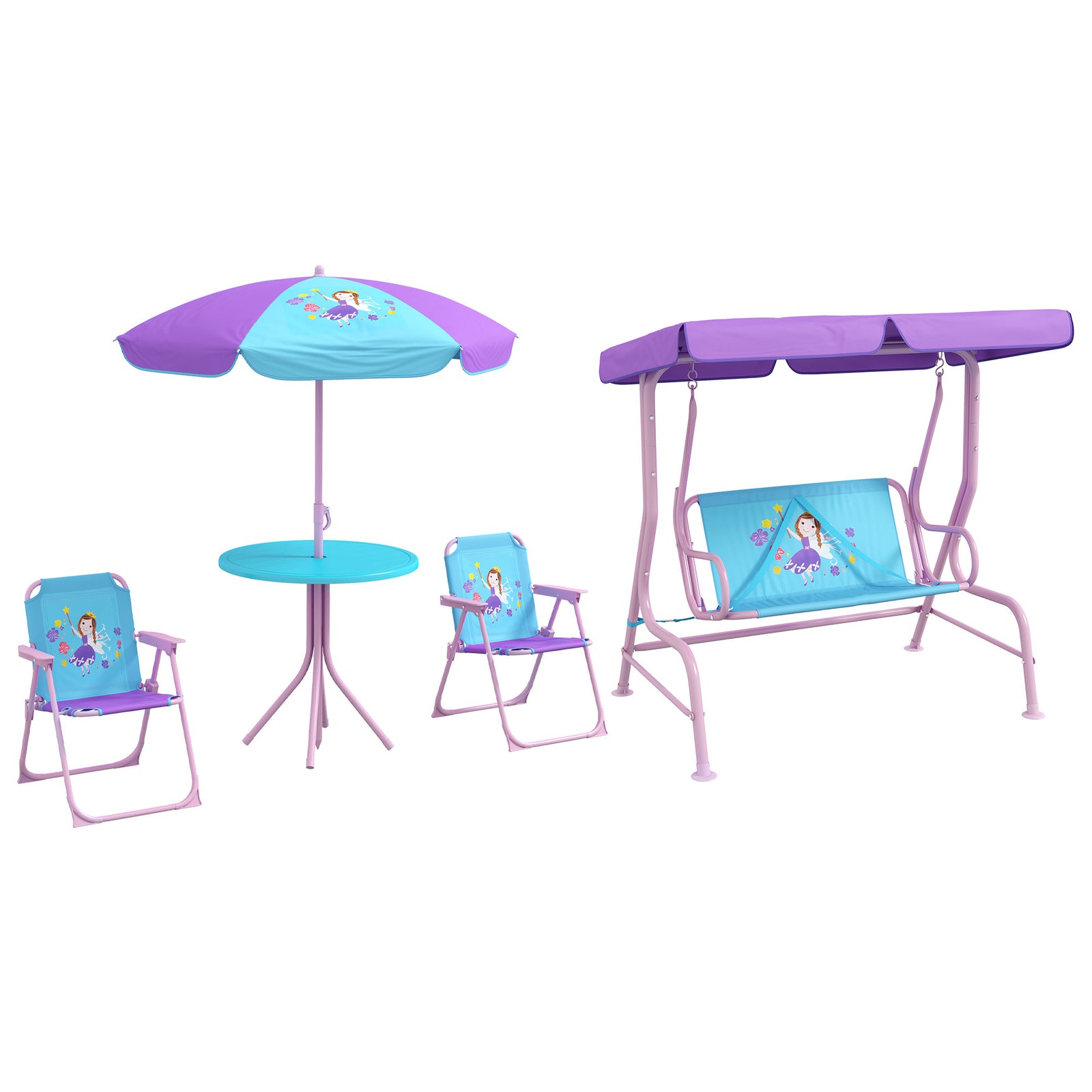 4PCs Kids Garden Furniture Set w/ 2 Seater Garden Swing Chair with Adjustable Canopy, Childrens Table and Chair Set with Parasol, for Toddler Girls 3-6 Years Old