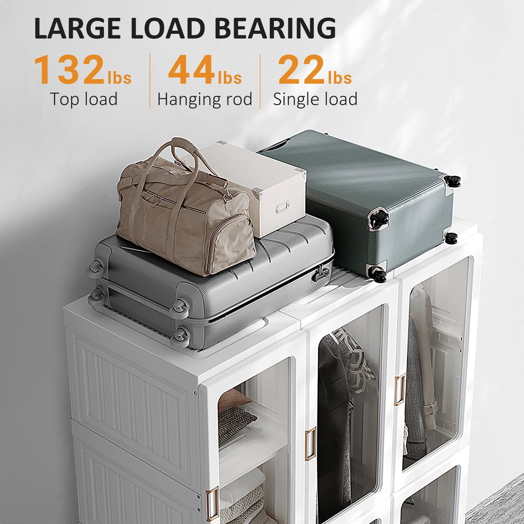 Portable Clothes Wardrobe for Bedroom, Foldable Clothes Organiser with Cube Storage, Hanging Rods, Magnet Doors, White