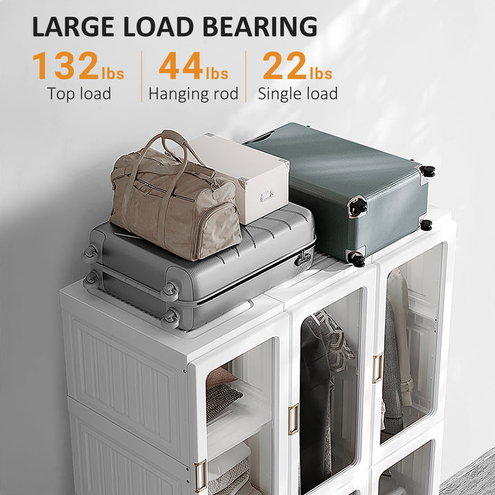 Portable Clothes Wardrobe for Bedroom, Foldable Clothes Organiser with Cube Storage, Hanging Rods, Magnet Doors, White