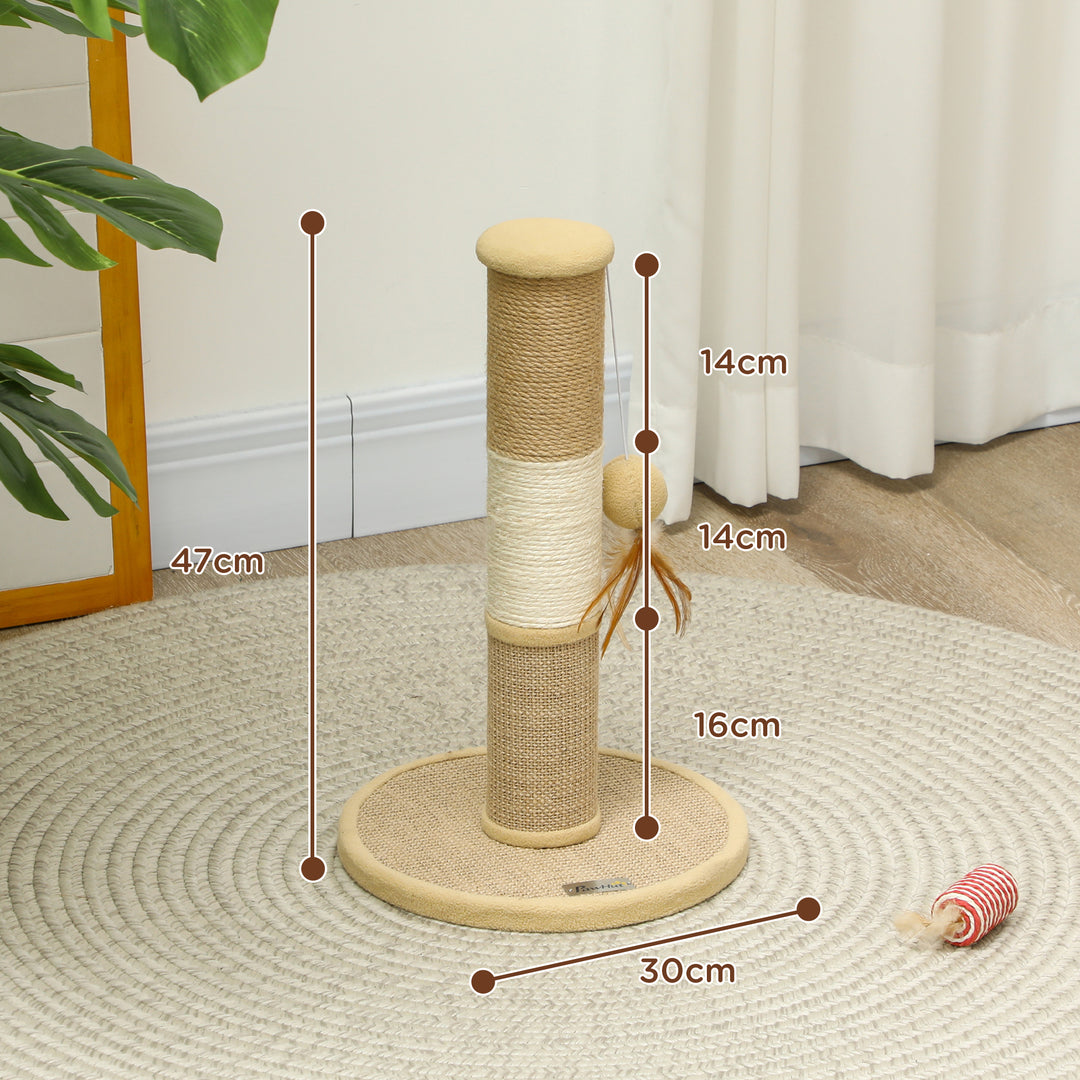 Cat Scratching Post for Indoor Cats, 47cm Tall Cat Scratcher with Jute Sisal Rope, Hanging Toy Ball, Feather, Brown