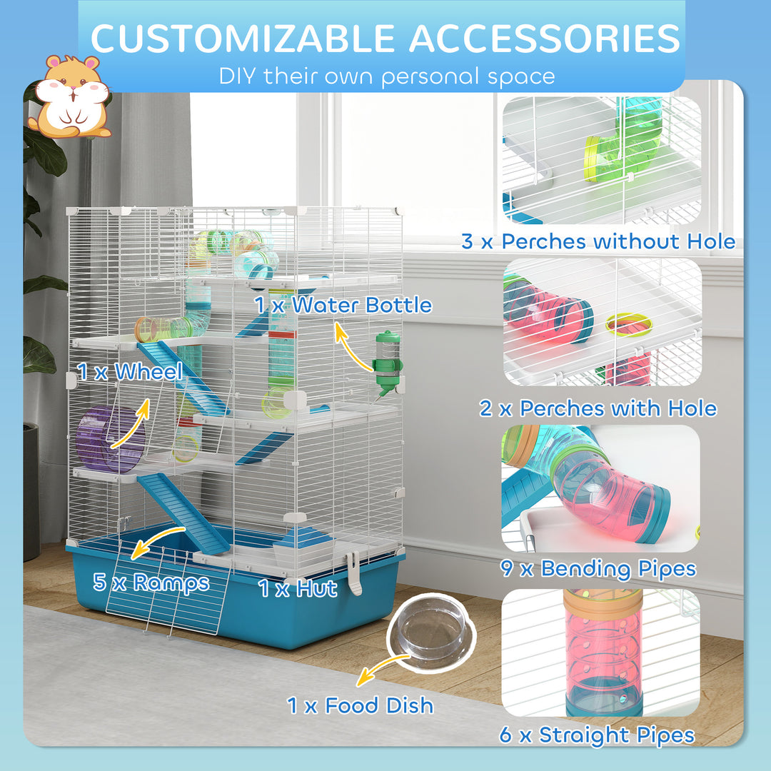 6 Tier Hamster Cage, Small Animal Cage with Tubes, Exercise Wheel, Ramps, Hut, Food Dish, Water Bottle, Light Blue