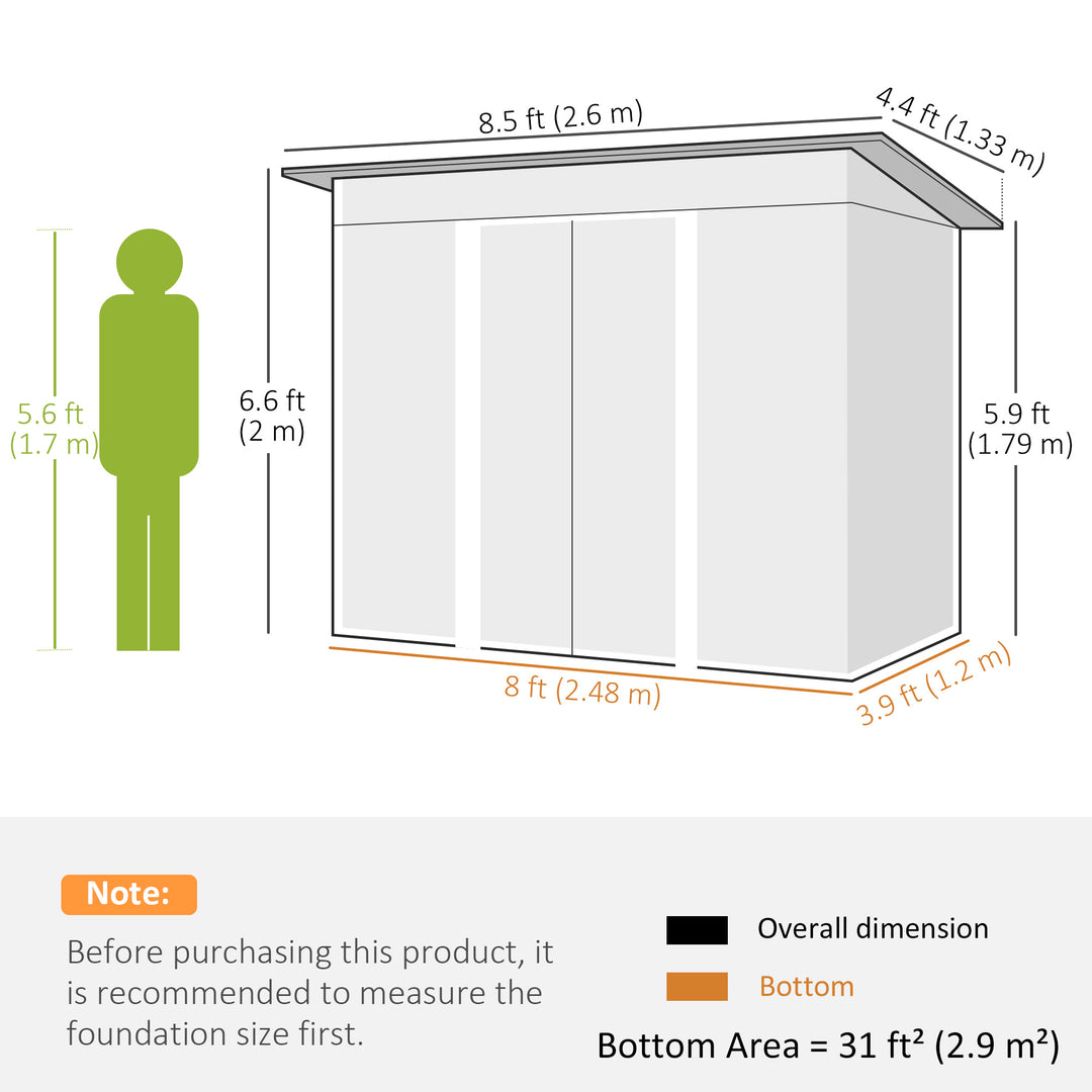 MCL 8.5 x 4ft Metal Shed with Lightsky Panels, Garden Storage Tool House with Double Doors for Garden, Patio and Lawn, Green