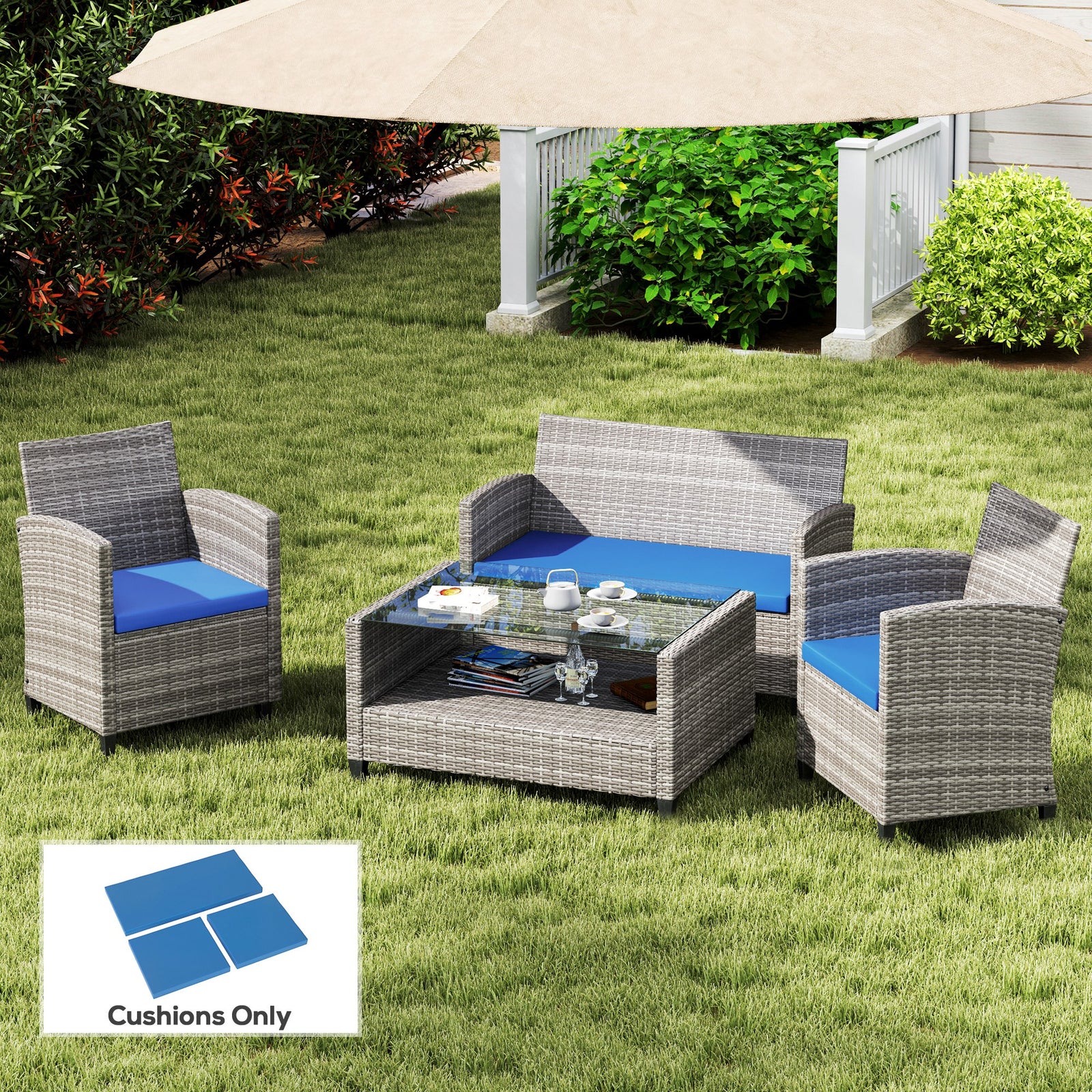 Outdoor Seat Cushion Pads for Rattan Furniture, 3 PCs Garden Furniture Cushions, Sky Blue