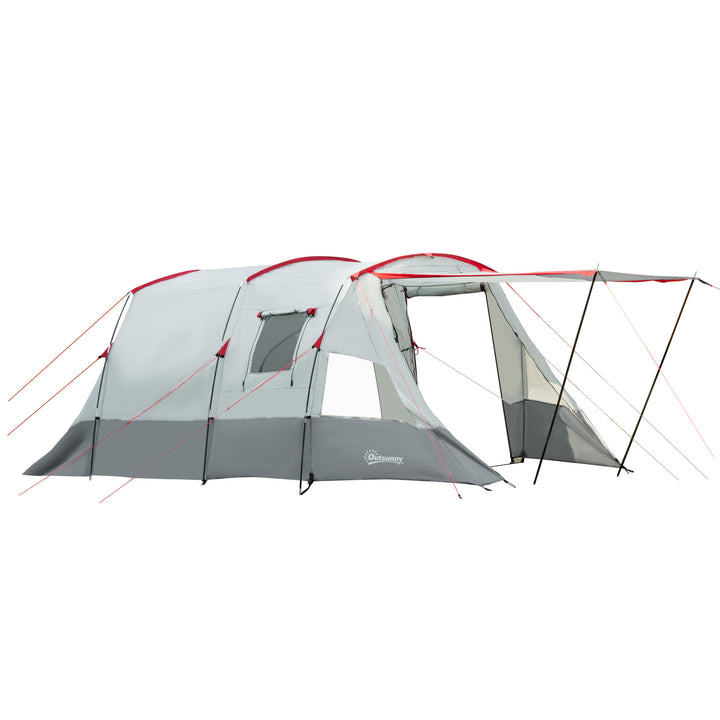 6-8 Person Tunnel Tent, Camping Tent with Bedroom, Living Room, Sewn-in Floor, 3 Doors and Carry Bag, 2000mm Water Column for Fishing, Hiking, Sports, and Traveling, Grey