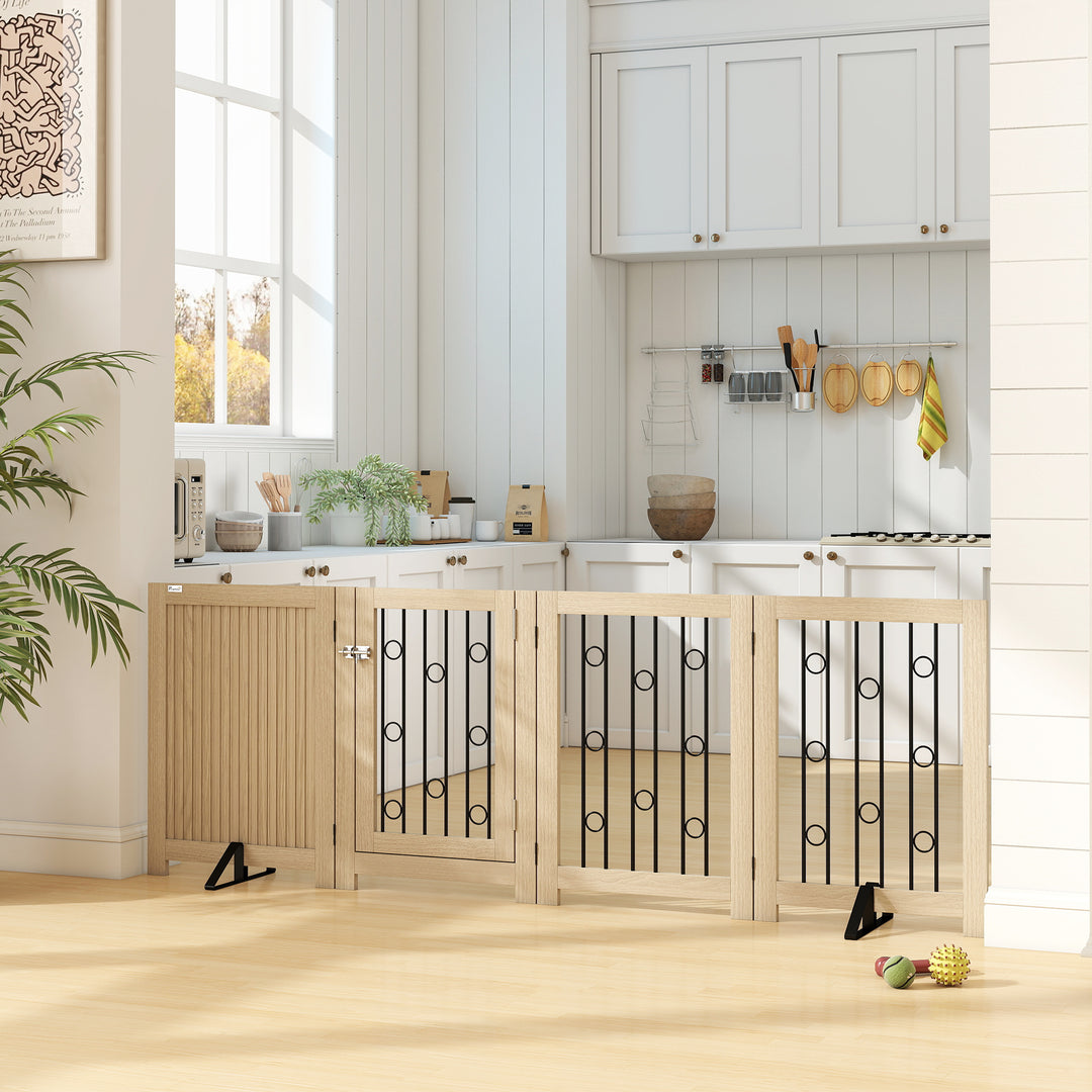 MCL 4 Panel Freestanding Pet Gate, Indoor Dog Barrier with Lockable Door, Support Feet, 360° Flexible Hinges, Oak