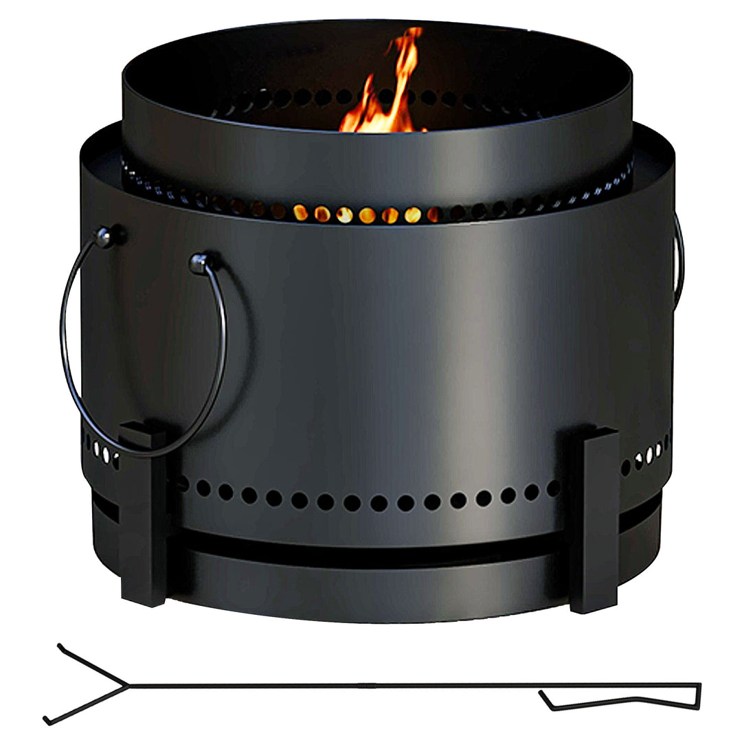 Smokeless Fire Pit with Ash Catcher, 37cm Portable Wood Burning Firepit with Poker for Garden Camping Bonfire Party, Metal, Black