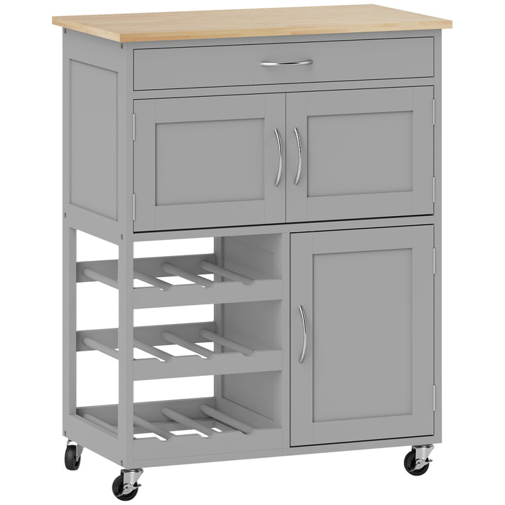 MCL Modern Kitchen Trolley, Rolling Island Storage Cart with Drawer, 9-bottle Wine Rack, Door Cabinets, Wooden Countertop, Grey