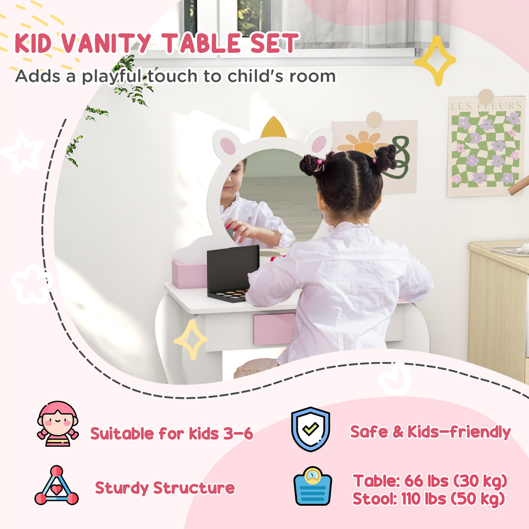 ZONEKIZ Unicorn Themed Children's Bedroom Set with Dressing Table, Mirror, Stool, and Toddler Bed Frame, 3-6 Years, Multicolour | Aosom UK