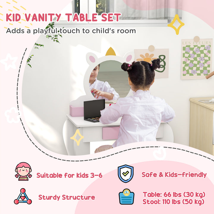 ZONEKIZ Unicorn Themed Children's Bedroom Set with Dressing Table, Mirror, Stool, and Toddler Bed Frame, 3