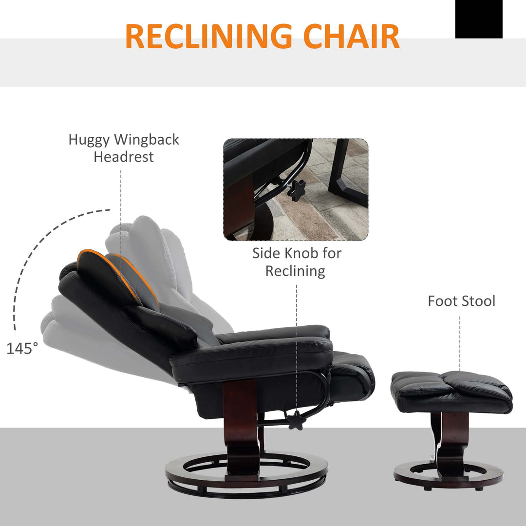 360° Swivel Recliner Chair with Footstool, PU Leather Manual Recliner Armchair with Solid Wood Base, Upholstered Reclining Chair for Living Room, Bedroom, Office, Black
