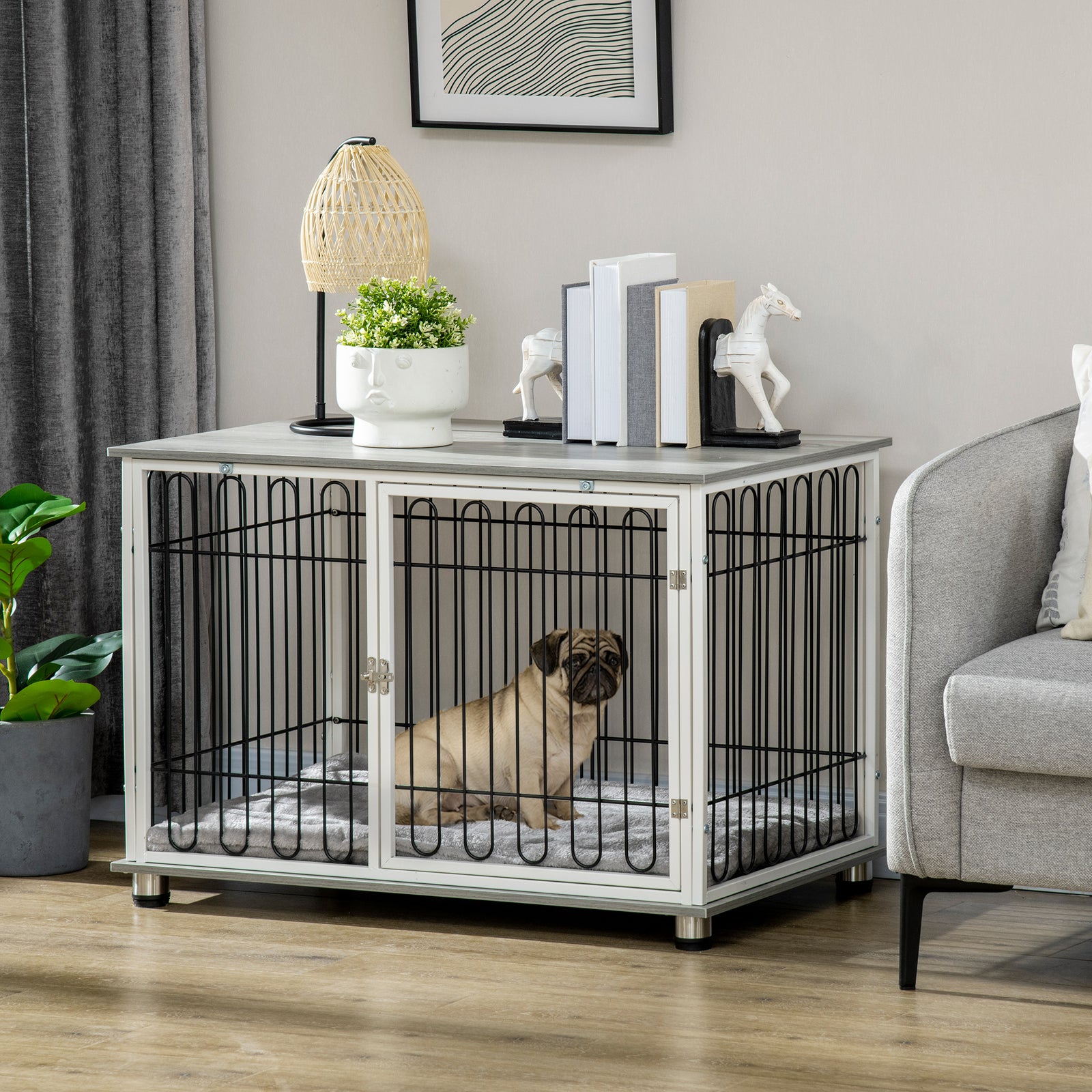 Indoor Dog Crate Furniture, Side End Table, with Soft Washable Cushion, Lockable Doors, for Small and Medium Dogs