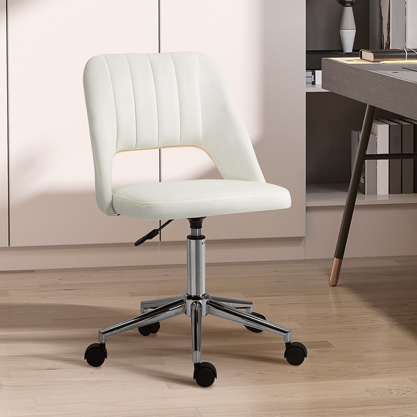 Armless Velvet-Feel Office Chair - Cream White