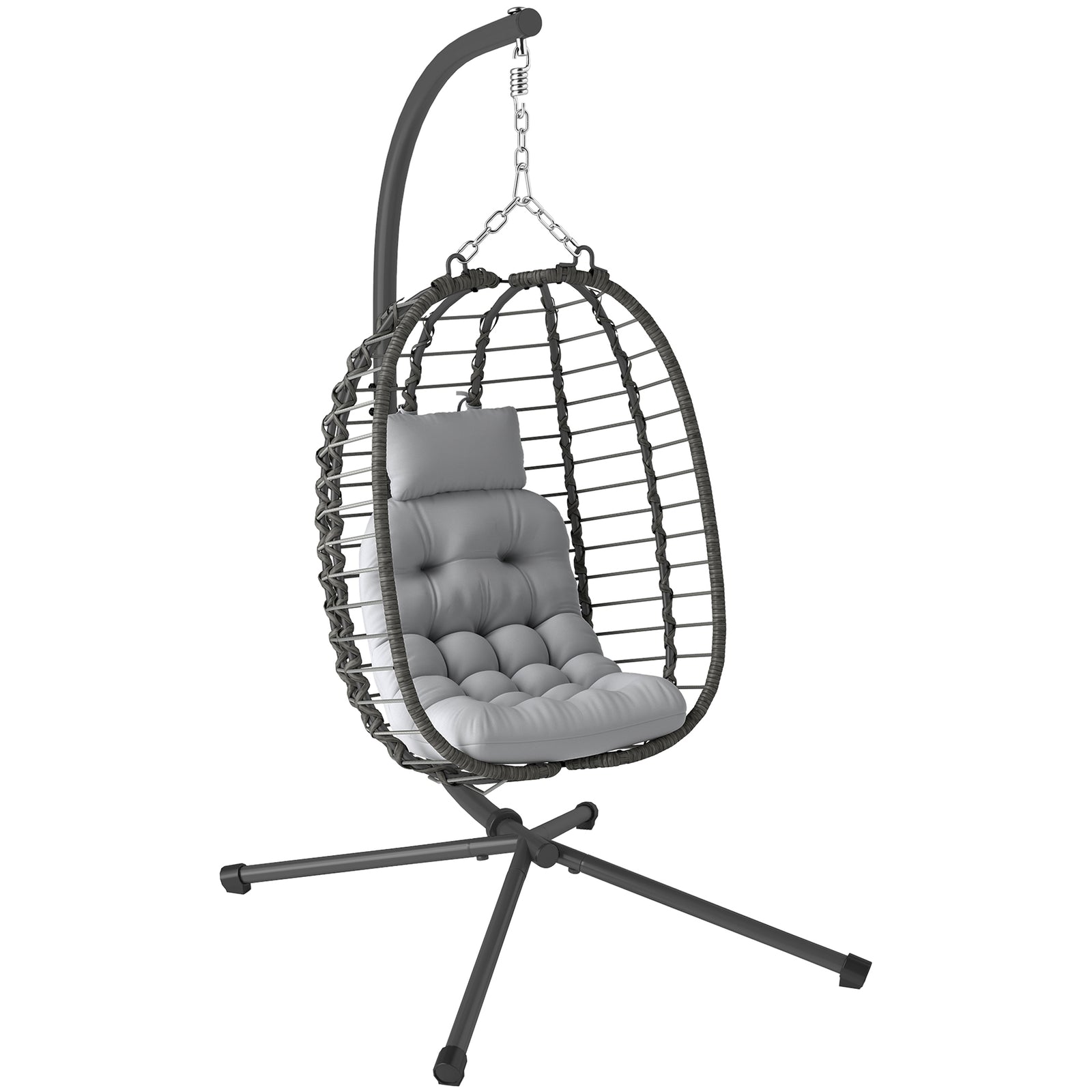 Rattan Hanging Egg Chair, Foldable Wicker Hammock Swing Chair with Cushion, Stand, Adjustable Height, Head Pillow, Steel Frame for Garden Patio Indoor Outdoor, Light Grey