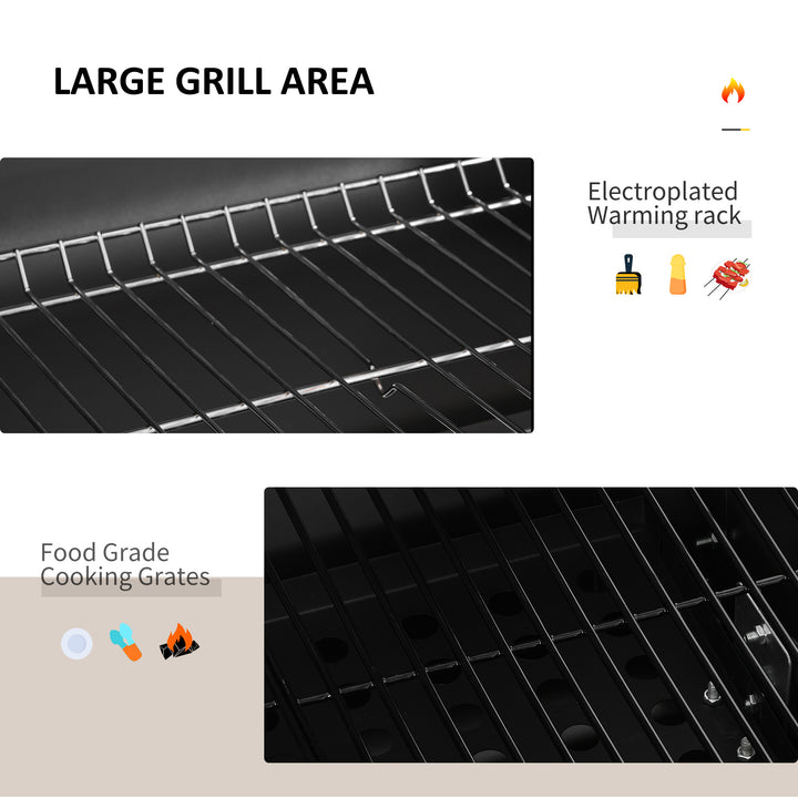 Charcoal Grill BBQ Trolley with Adjustable Charcoal Grate, Garden Metal Smoker Barbecue with Shelf, Side Table, Wheels, Built-in Thermometer, Bottle Opener
