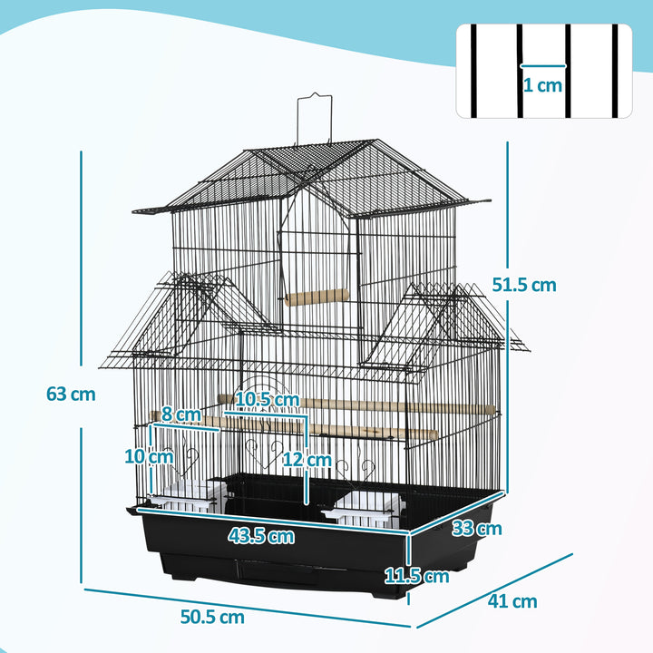MCL Metal Bird Cage with Plastic Swing Perch Food Container Tray Handle for Finch Canary Budgie 43.5 x 33 x 63 cm, Black