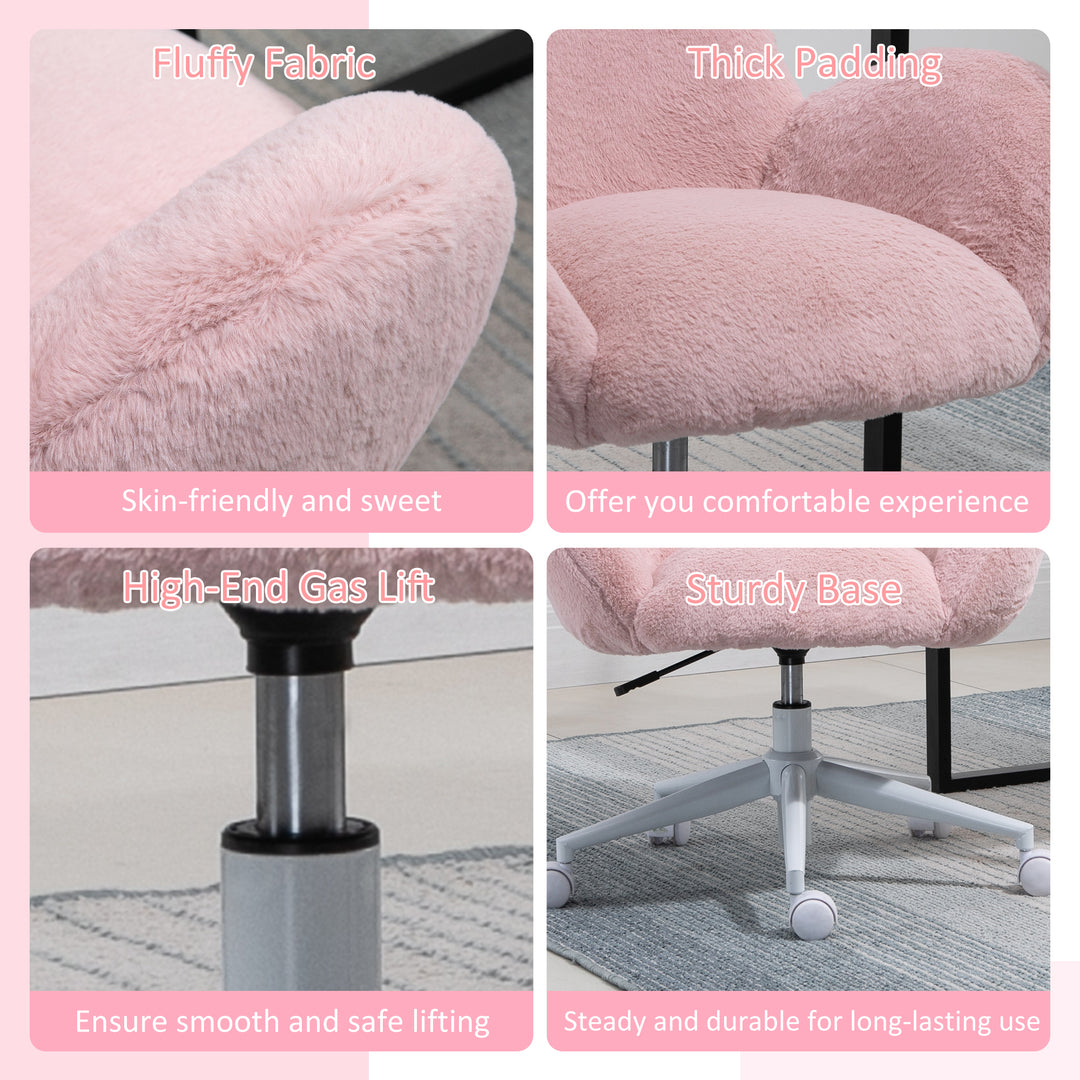 HOMCOM Fluffy Leisure Home Office Chair with Backrest and Armrest, Makeup Chair with Wheels for Bedroom Living Room, Pink | Aosom UK