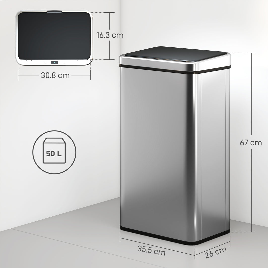 MCL 50L Sensor Bin with Quiet Soft-Close Lid, Automatic Touchless Motion Sensor Kitchen Bin with Fingerprint Resistant Stainless Steel for Hygienic Gyms, Home Office Use, Silver Tone